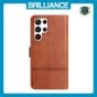 Brilliance LUX Samsung S24 Ultra Flip Book PU Leather Wallet ShockProof Cowhide Texture with Wrist Strap Case Brown