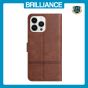 Brilliance LUX iPhone 15 Pro Max Flip PU Leather Wallet ShockProof Imprinted Cowhide Texture with Wrist Strap Case Dark Brown
