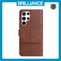 Brilliance LUX Samsung S24 Ultra Flip PU Leather Wallet ShockProof Imprinted Cowhide Texture with Wrist Strap Case Dark Brown