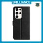 Brilliance LUX Samsung S23 Ultra Flip PU Leather Wallet Silk Print Card Pockets with Wrist Strap Case Black