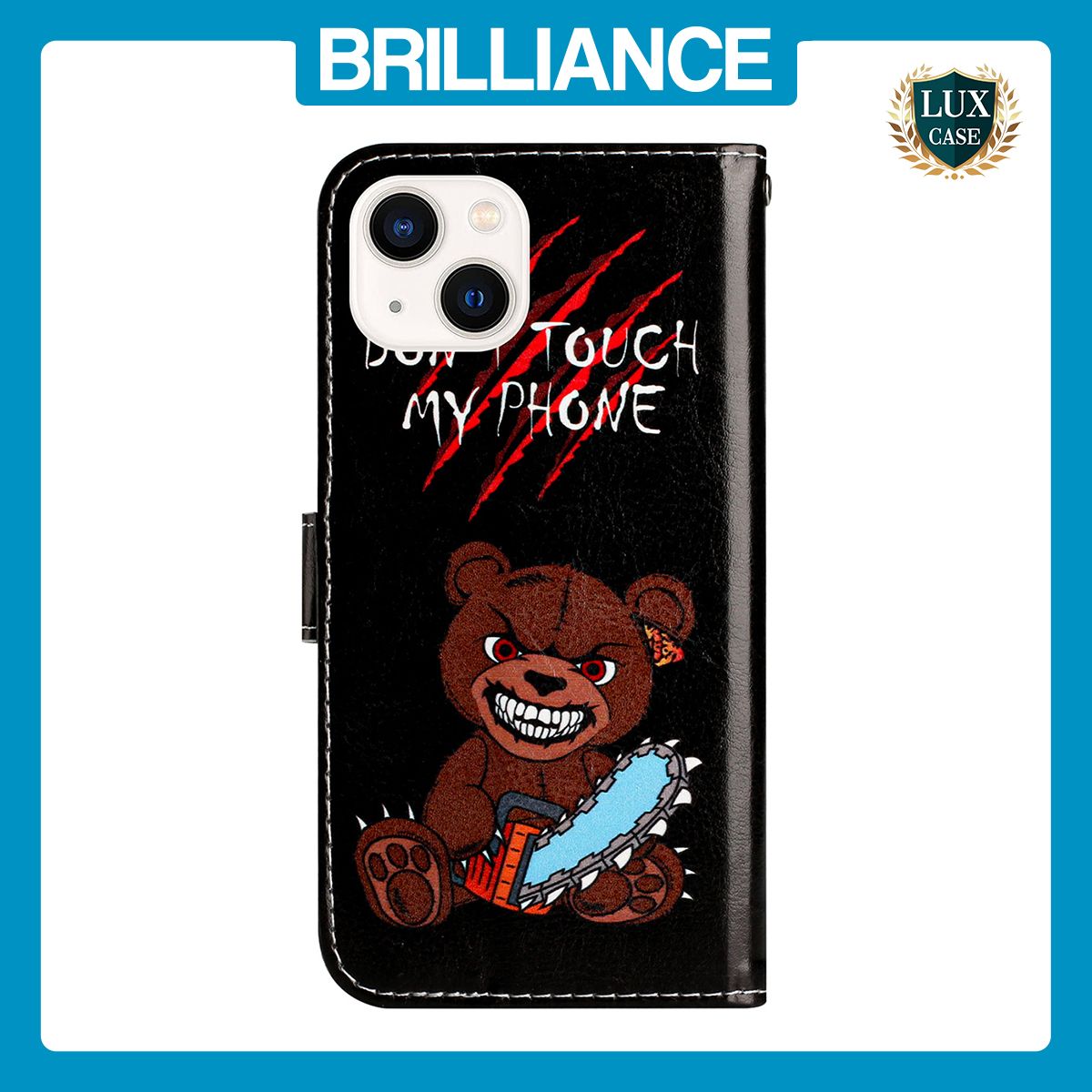 Brilliance LUX iPhone 14 Flip PU Leather Wallet 3D Print Bear with Wrist Strap Case