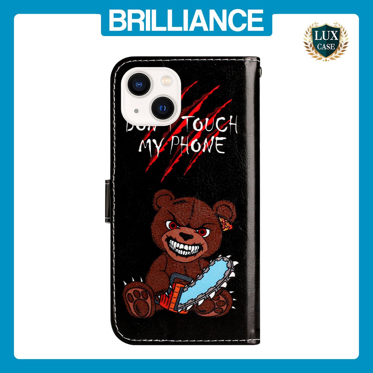 Brilliance LUX iPhone 15 Flip PU Leather Wallet 3D Print Bear with Wrist Strap Case