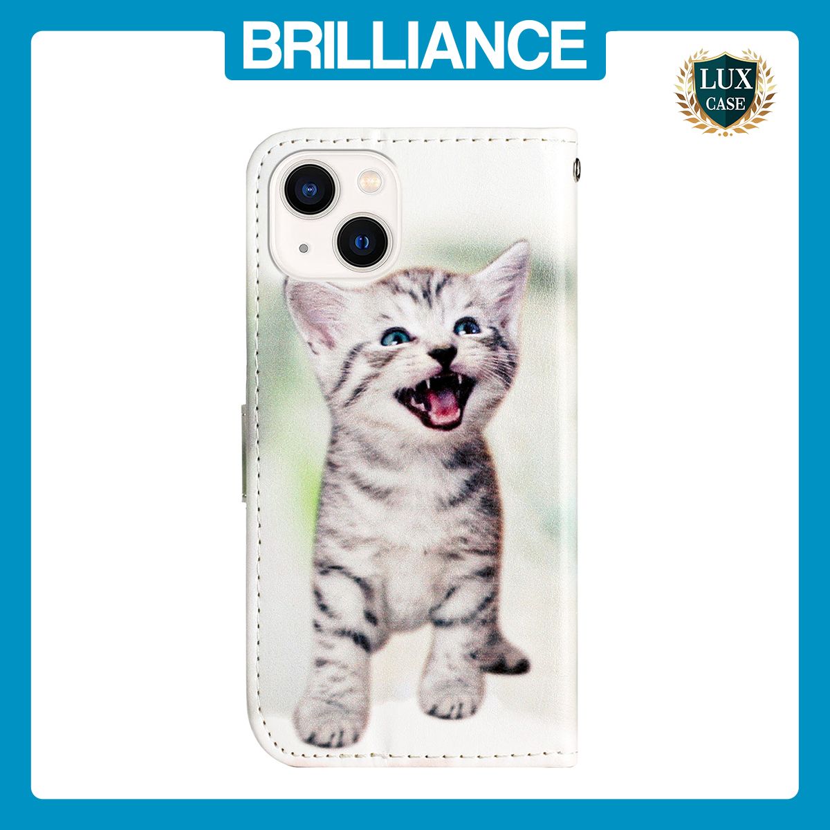 Brilliance LUX iPhone 13 Flip PU Leather Wallet 3D Print Cat with Wrist Strap Case