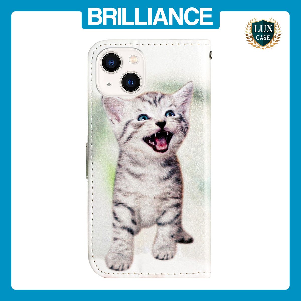 Brilliance LUX iPhone 14 Flip PU Leather Wallet 3D Print Cat with Wrist Strap Case
