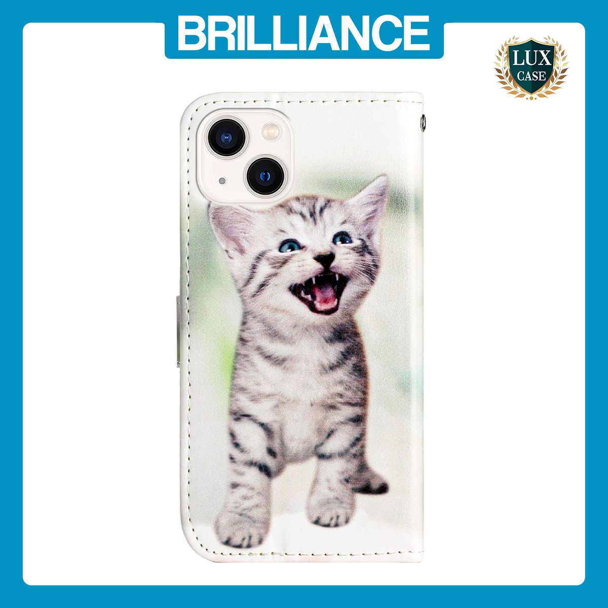 Brilliance LUX iPhone 15 Flip PU Leather Wallet 3D Print Cat with Wrist Strap Case