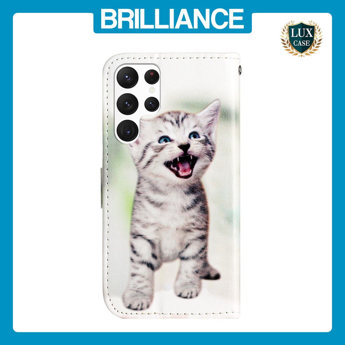 Brilliance LUX Samsung S24 Ultra Flip PU Leather Wallet 3D Print Cat with Wrist Strap Case