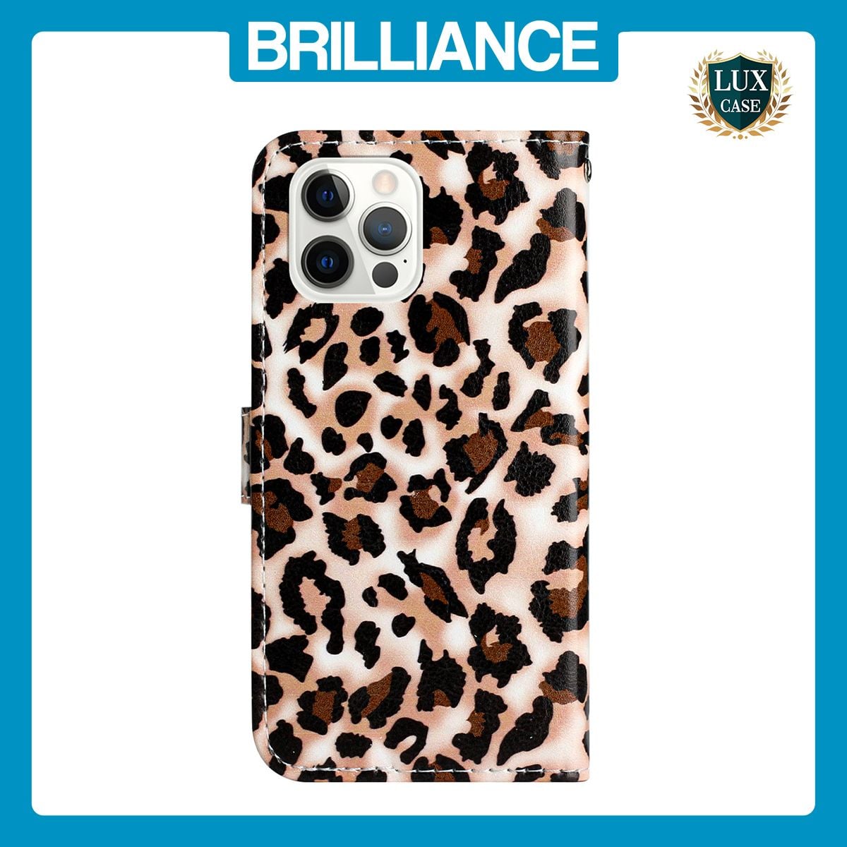 Brilliance LUX iPhone 12 Pro Max Flip PU Leather Wallet 3D Print Leopard with Wrist Strap Case