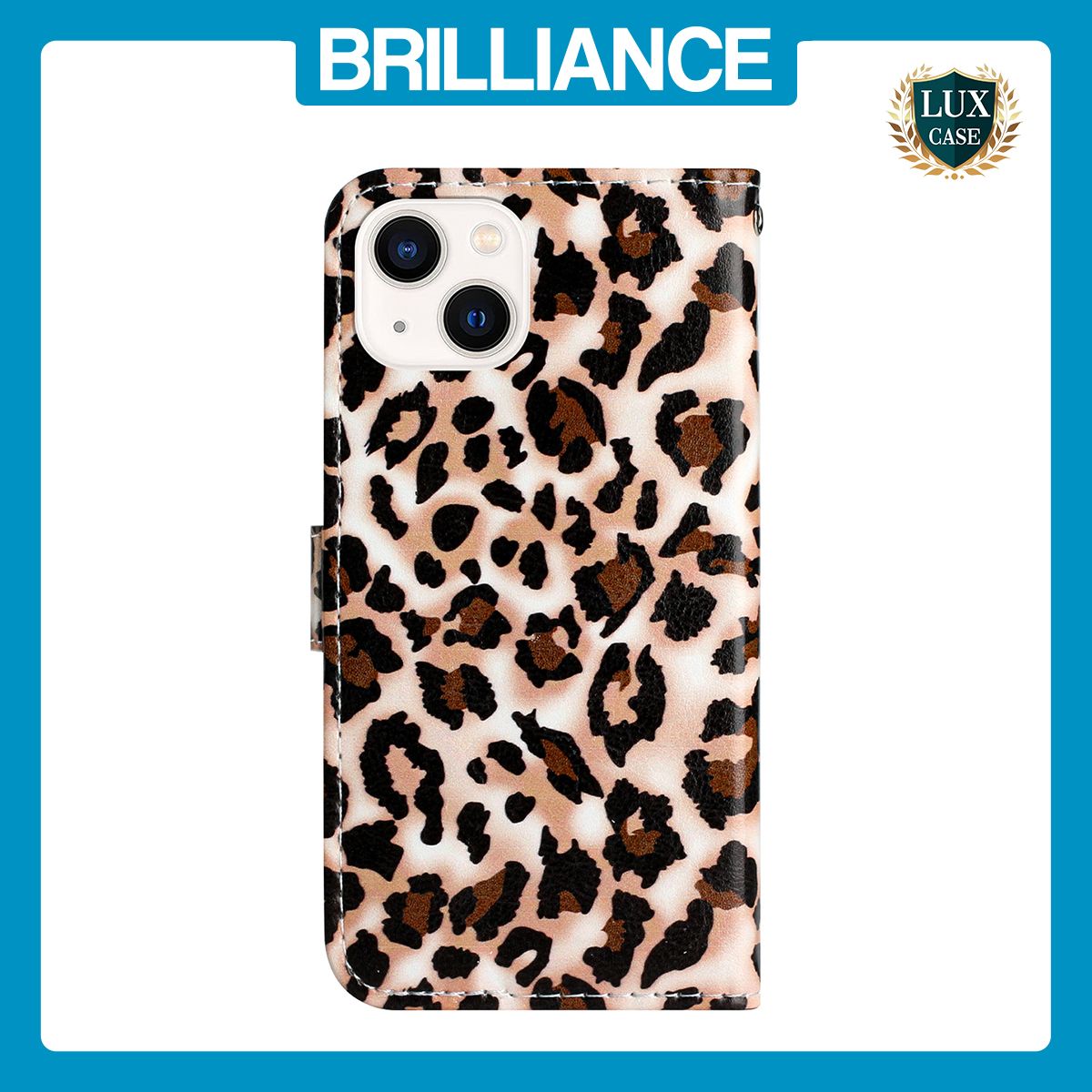 Brilliance LUX iPhone 13 Flip PU Leather Wallet 3D Print Leopard with Wrist Strap Case