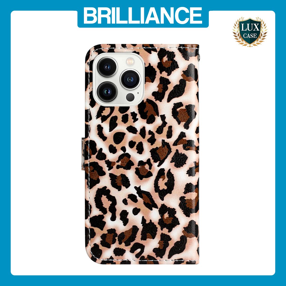 Brilliance LUX iPhone 13 Pro Max Flip PU Leather Wallet 3D Print Leopard with Wrist Strap Case