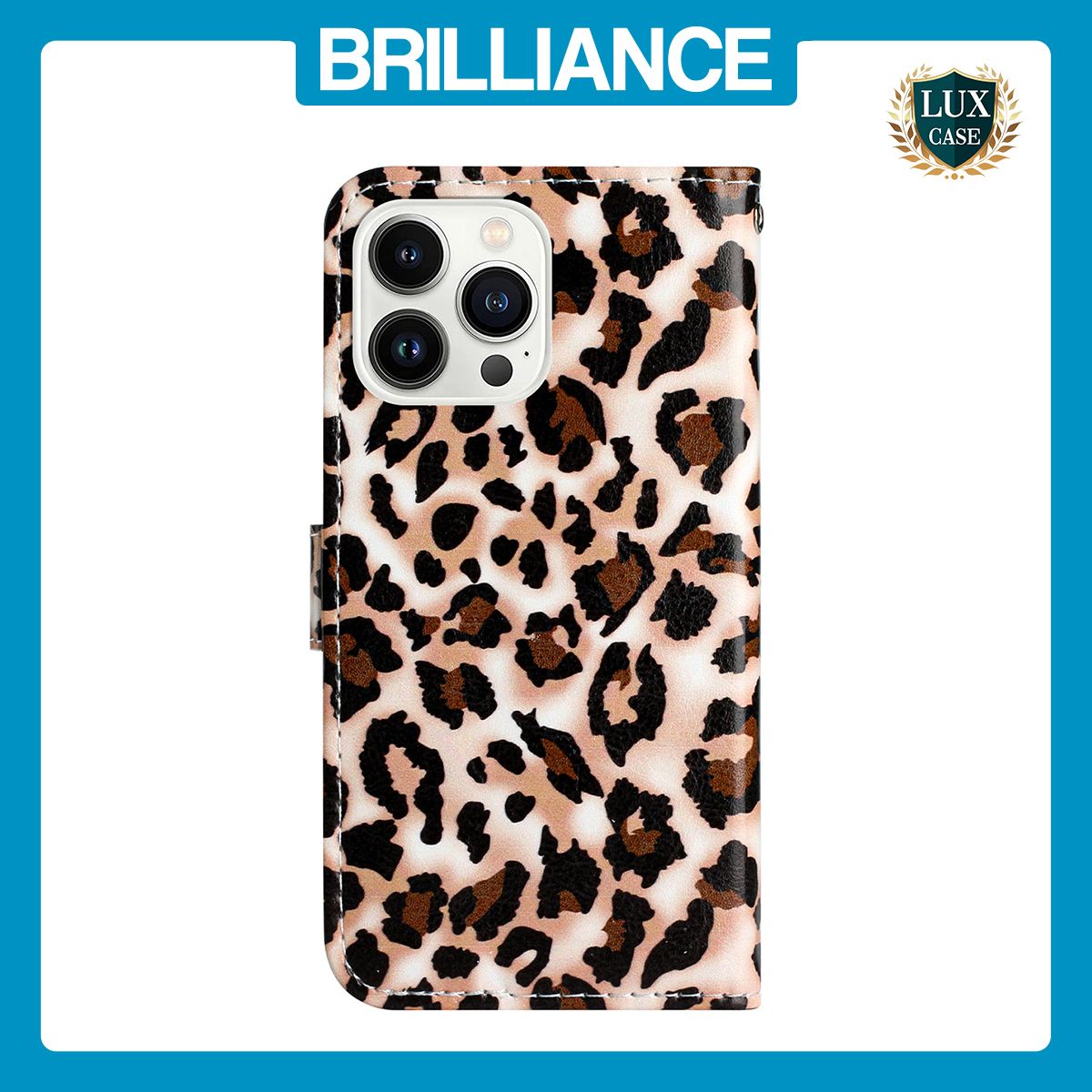 Brilliance LUX iPhone 14 Pro Max Flip PU Leather Wallet 3D Print Leopard with Wrist Strap Case