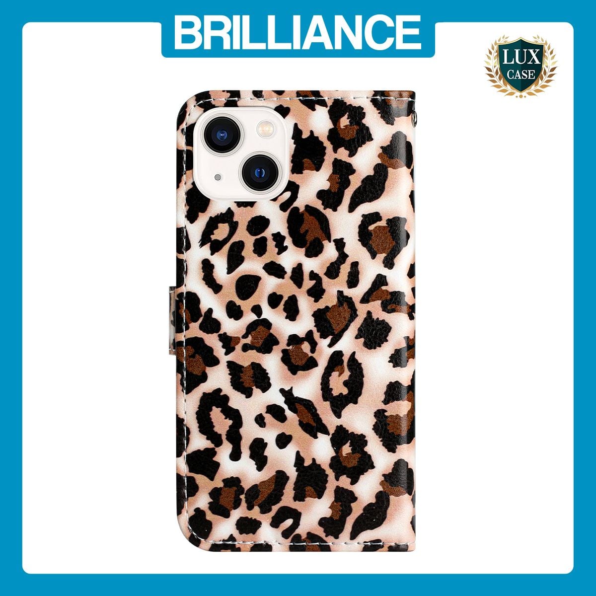 Brilliance LUX iPhone 15 Flip PU Leather Wallet 3D Print Leopard with Wrist Strap Case