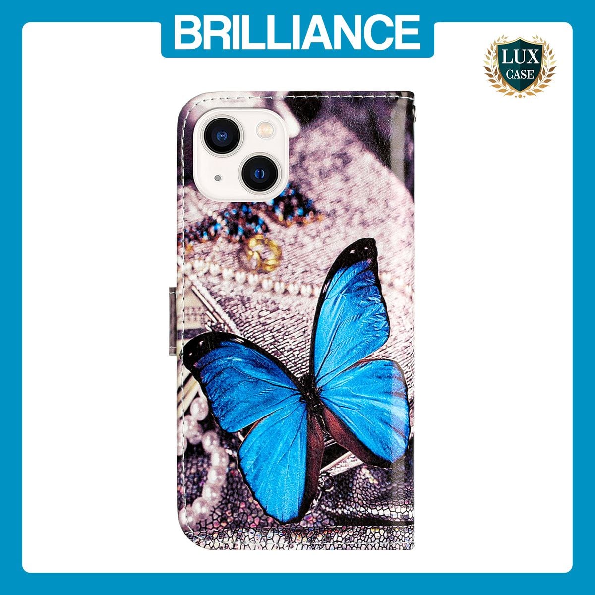 Brilliance LUX iPhone 13 Flip PU Leather Wallet 3D Print Butterfly with Wrist Strap Case