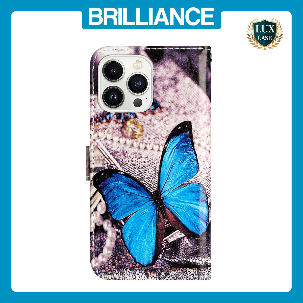 Brilliance LUX iPhone 14 Pro Max Flip PU Leather Wallet 3D Print Butterfly with Wrist Strap Case
