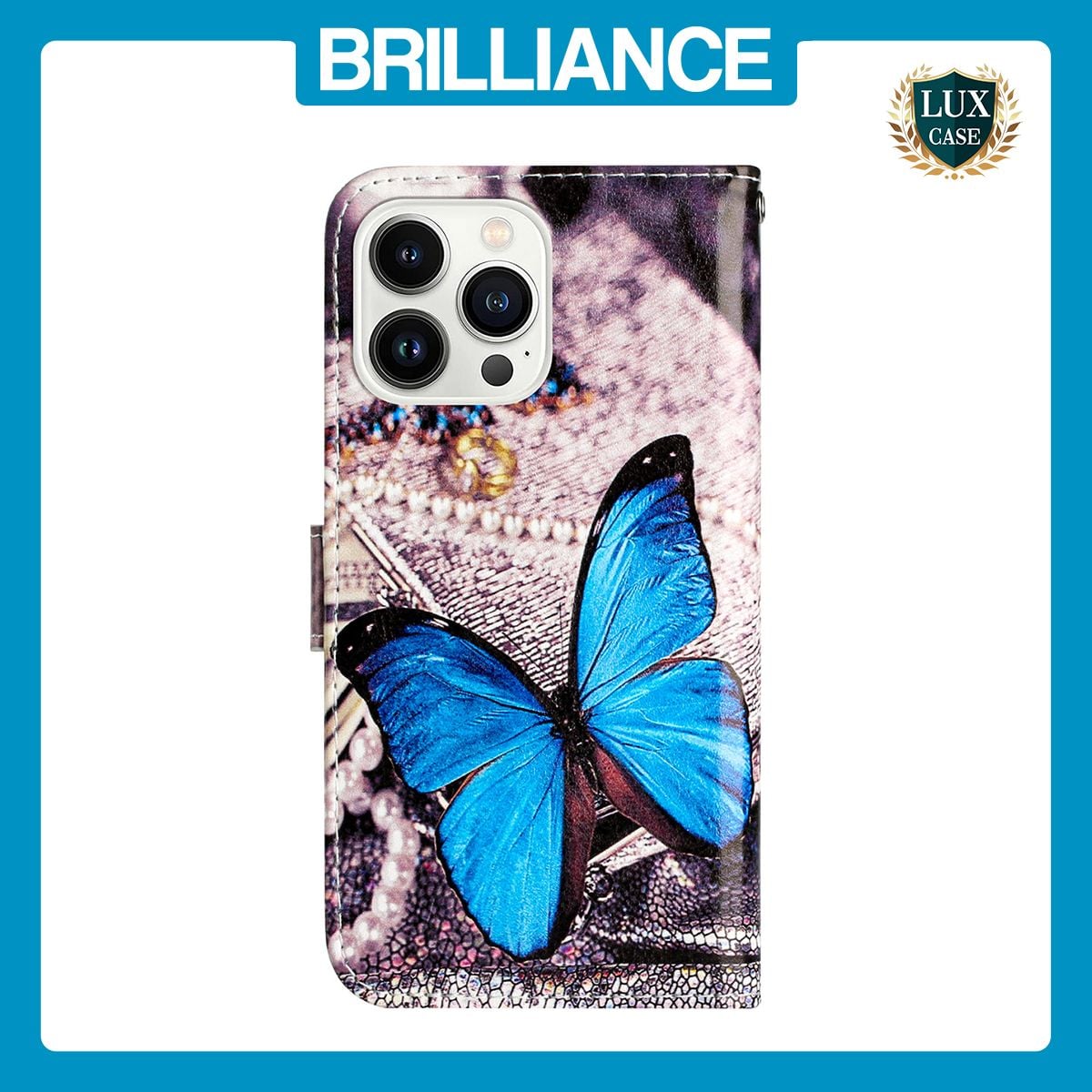 Brilliance LUX iPhone 15 Pro Flip PU Leather Wallet 3D Print Butterfly with Wrist Strap Case
