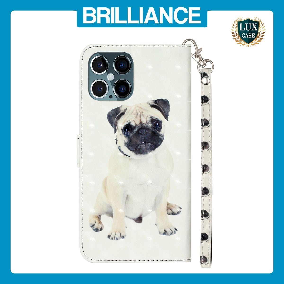 Brilliance LUX iPhone 12 Pro Max Flip PU Leather Wallet 3D Print Dog with Wrist Strap Case