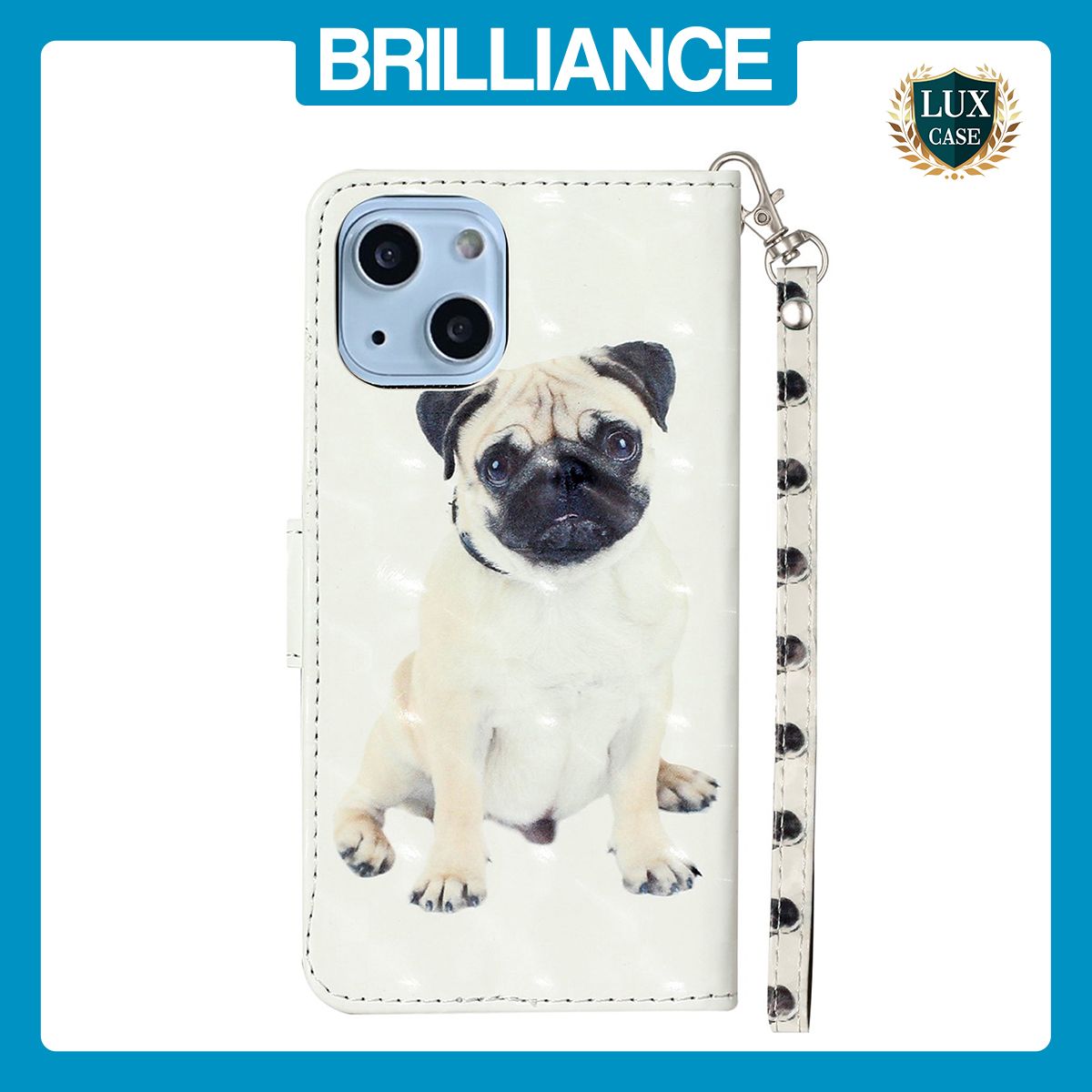 Brilliance LUX iPhone 13 Flip PU Leather Wallet 3D Print Dog with Wrist Strap Case