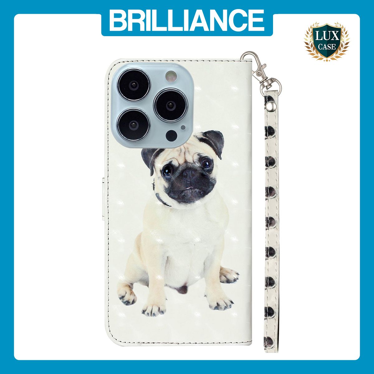 Brilliance LUX iPhone 14 Pro Max Flip PU Leather Wallet 3D Print Dog with Wrist Strap Case