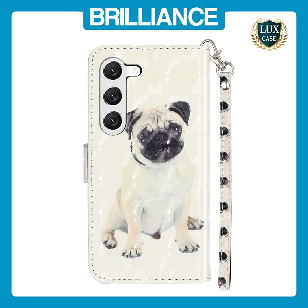 Brilliance LUX Samsung S23 Plus Flip PU Leather Wallet 3D Print Dog with Wrist Strap Case