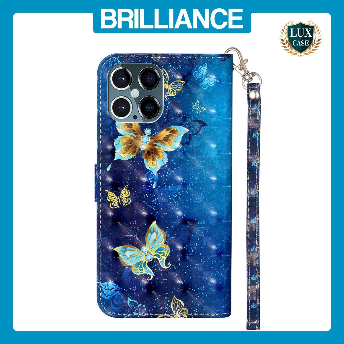 Brilliance LUX iPhone 12 Pro Max Flip PU Leather Wallet 3D Print Butterfly with Wrist Strap Case Blue