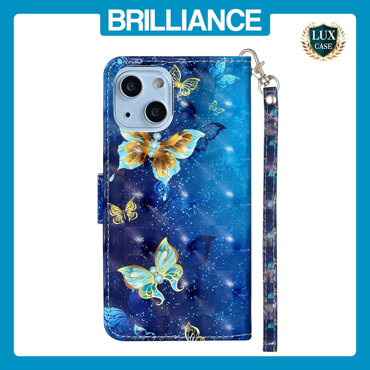 Brilliance LUX iPhone 13 Flip PU Leather Wallet 3D Print Butterfly with Wrist Strap Case Blue
