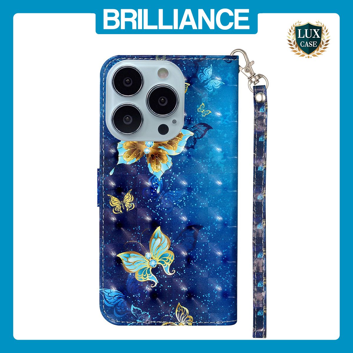 Brilliance LUX iPhone 13 Pro Max Flip PU Leather Wallet 3D Print Butterfly with Wrist Strap Case Blue