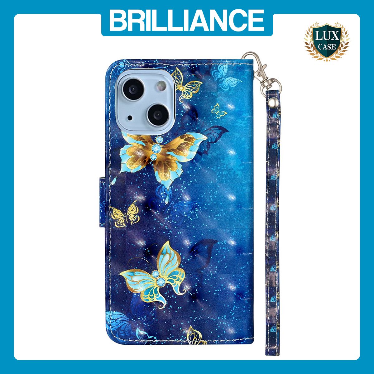 Brilliance LUX iPhone 14 Plus Flip PU Leather Wallet 3D Print Butterfly with Wrist Strap Case Blue