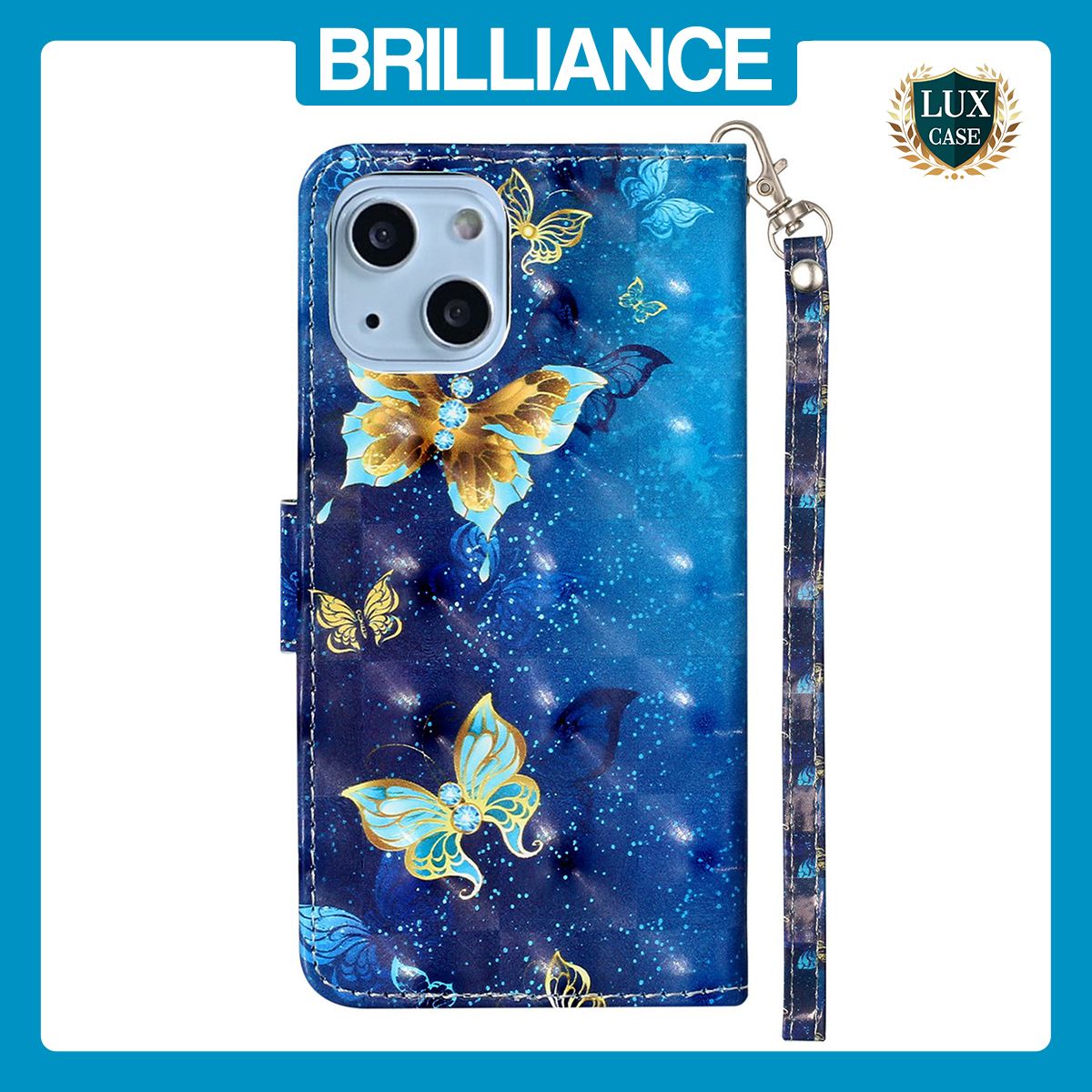 Brilliance LUX iPhone 15 Flip PU Leather Wallet 3D Print Butterfly with Wrist Strap Case Blue