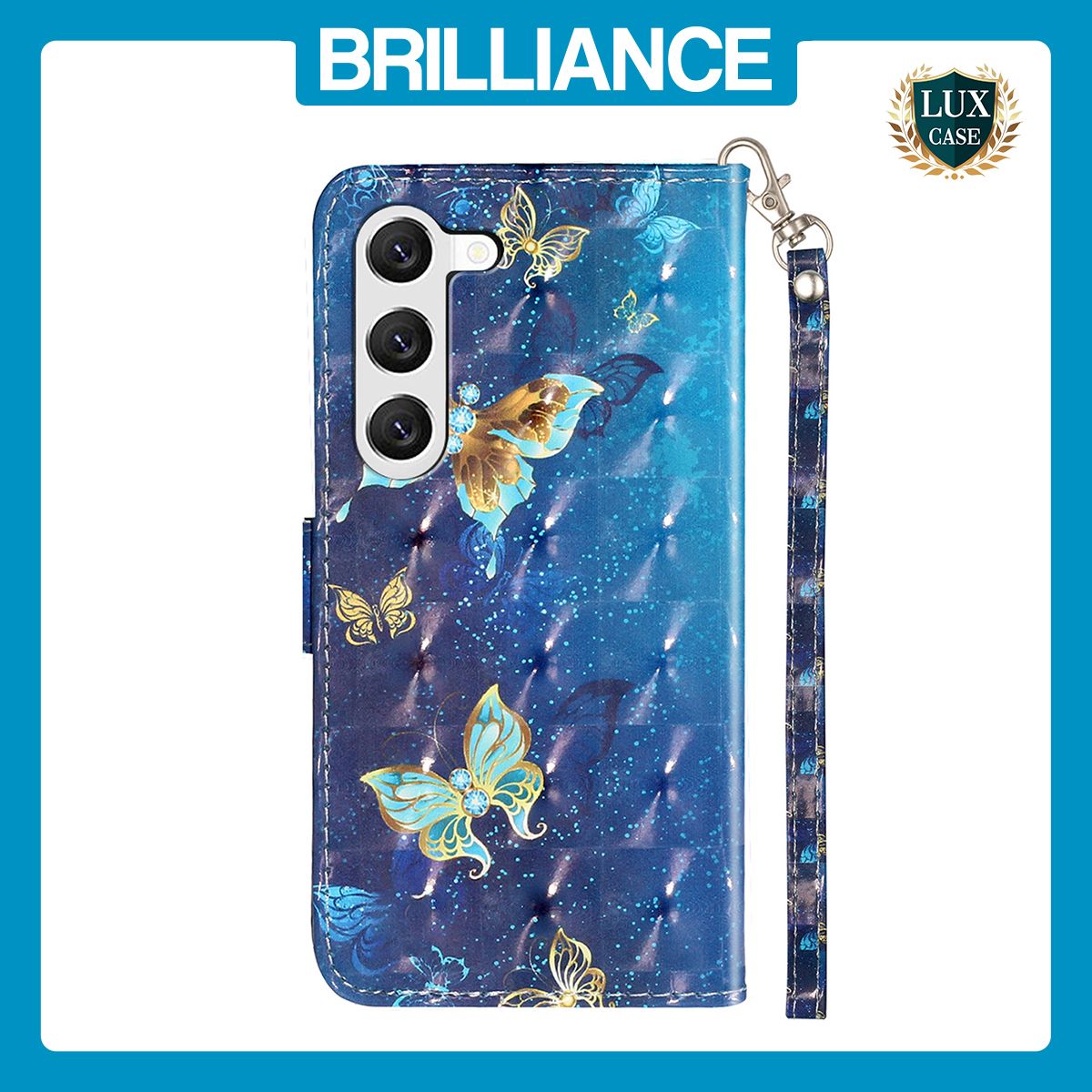 Brilliance LUX Samsung S23 Plus Flip PU Leather Wallet 3D Print Butterfly with Wrist Strap Case Blue