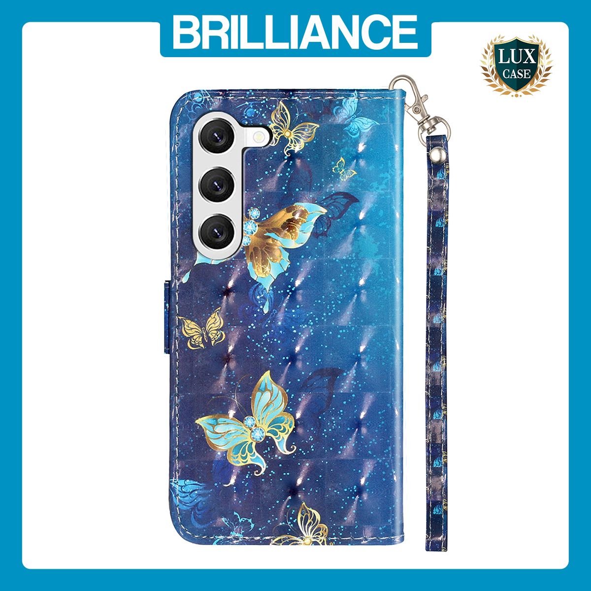 Brilliance LUX Samsung S24 Flip PU Leather Wallet 3D Print Butterfly with Wrist Strap Case Blue