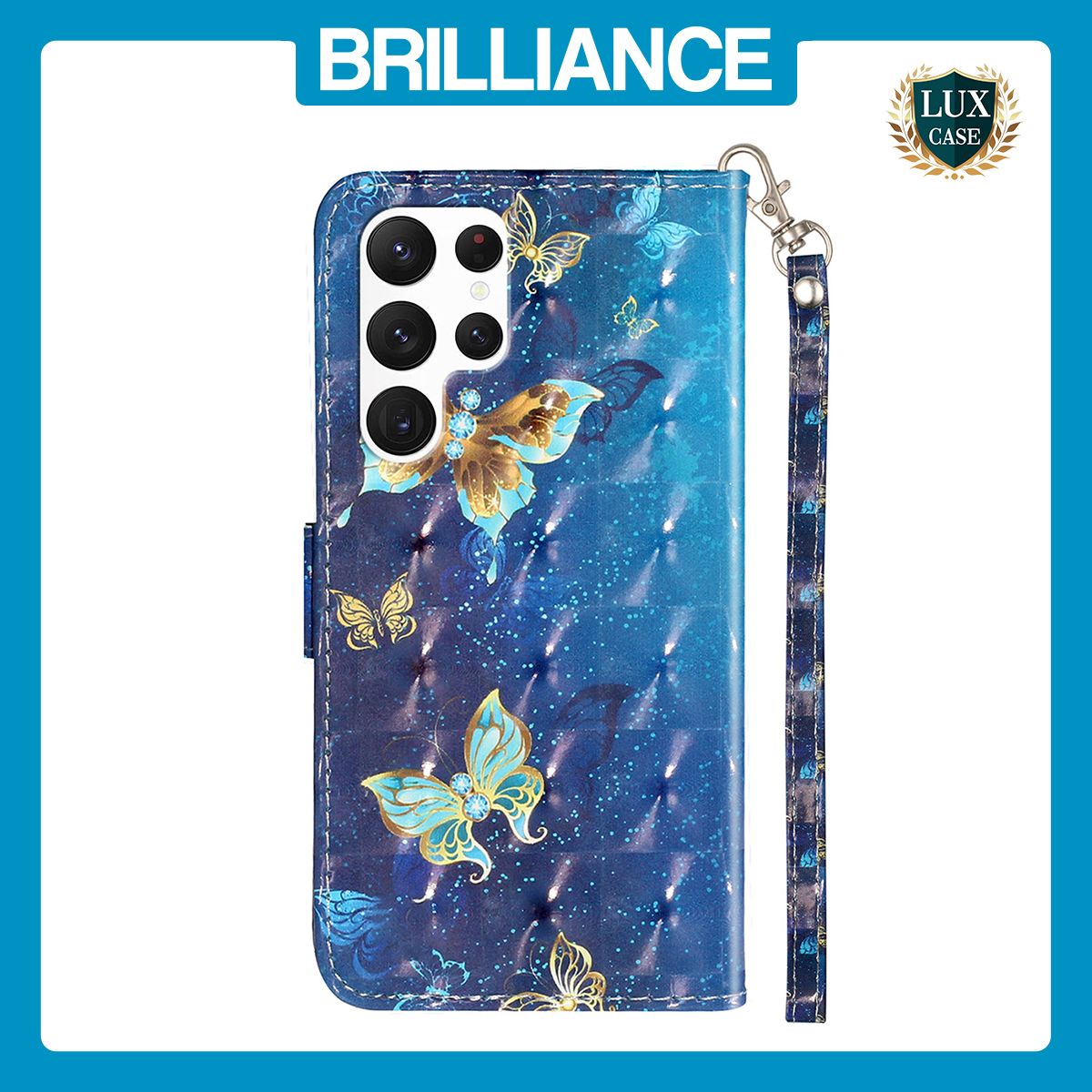Brilliance LUX Samsung S24 Ultra Flip PU Leather Wallet 3D Print Butterfly with Wrist Strap Case Blue