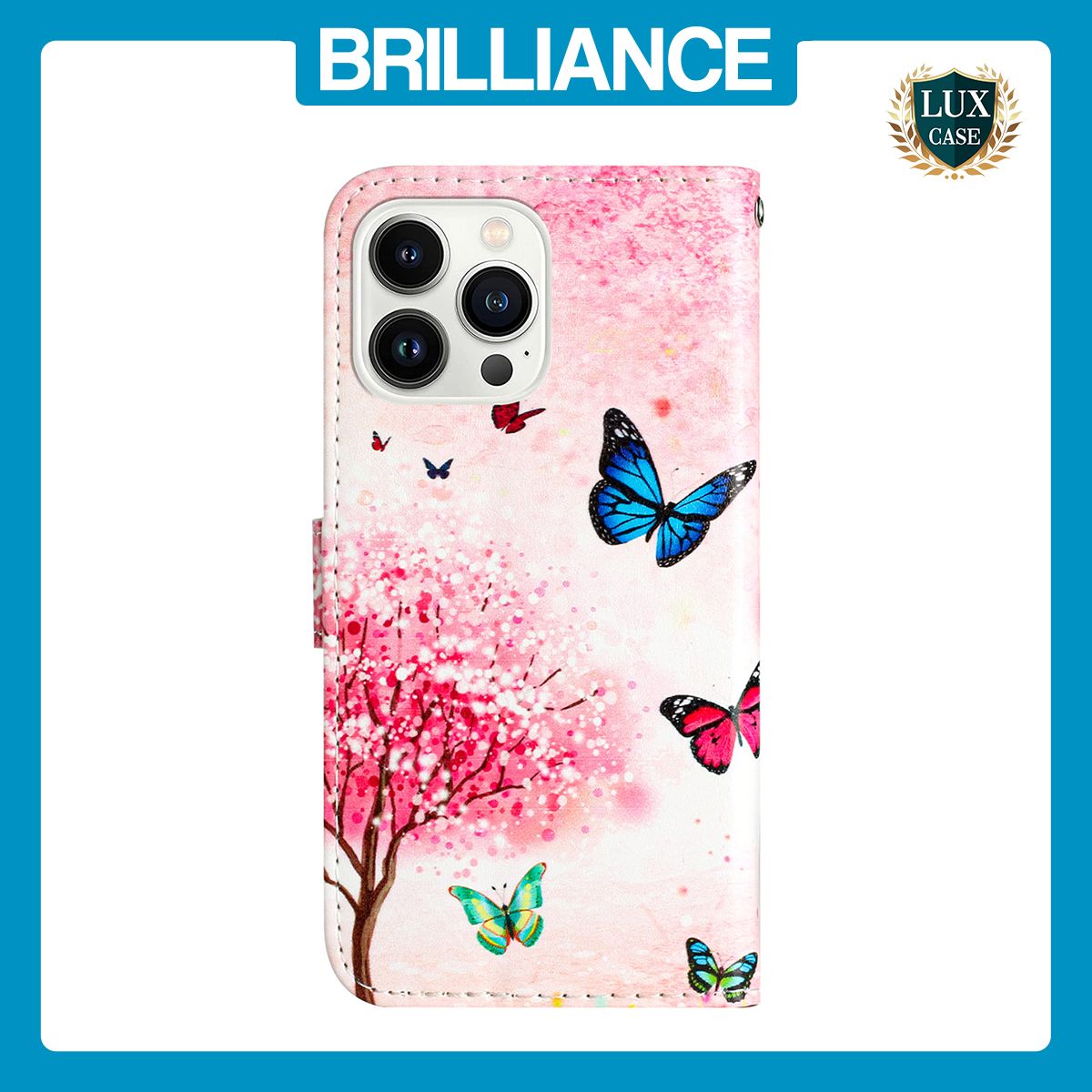 Brilliance LUX iPhone 15 Pro Max Flip PU Leather Wallet 3D Print Cartoon Butterfly Flower with Wrist Strap Case