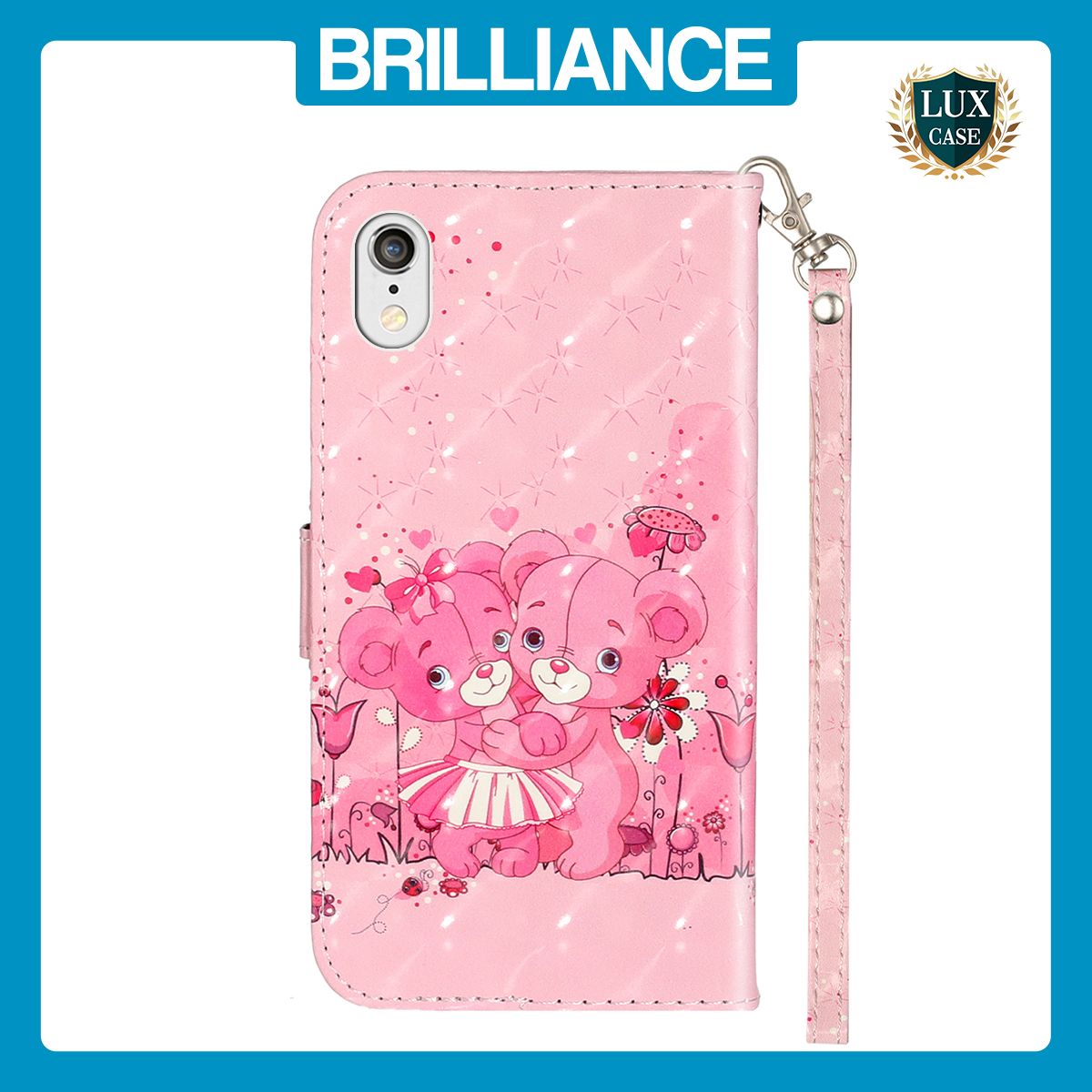 Brilliance LUX iPhone XR Flip PU Leather Wallet 3D Print Pink Bear with Wrist Strap Case