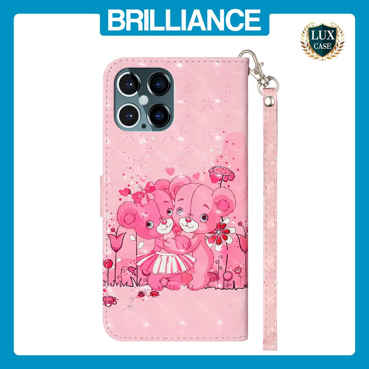 Brilliance LUX iPhone 12 Pro Max Flip PU Leather Wallet 3D Print Pink Bear with Wrist Strap Case
