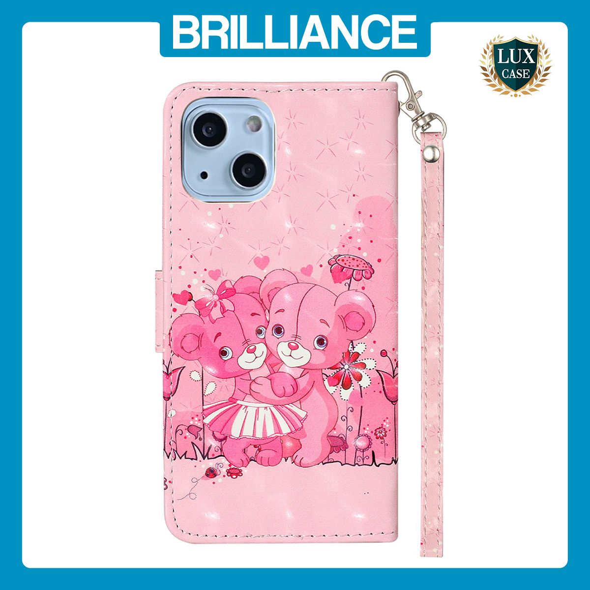 Brilliance LUX iPhone 13 Flip PU Leather Wallet 3D Print Pink Bear with Wrist Strap Case