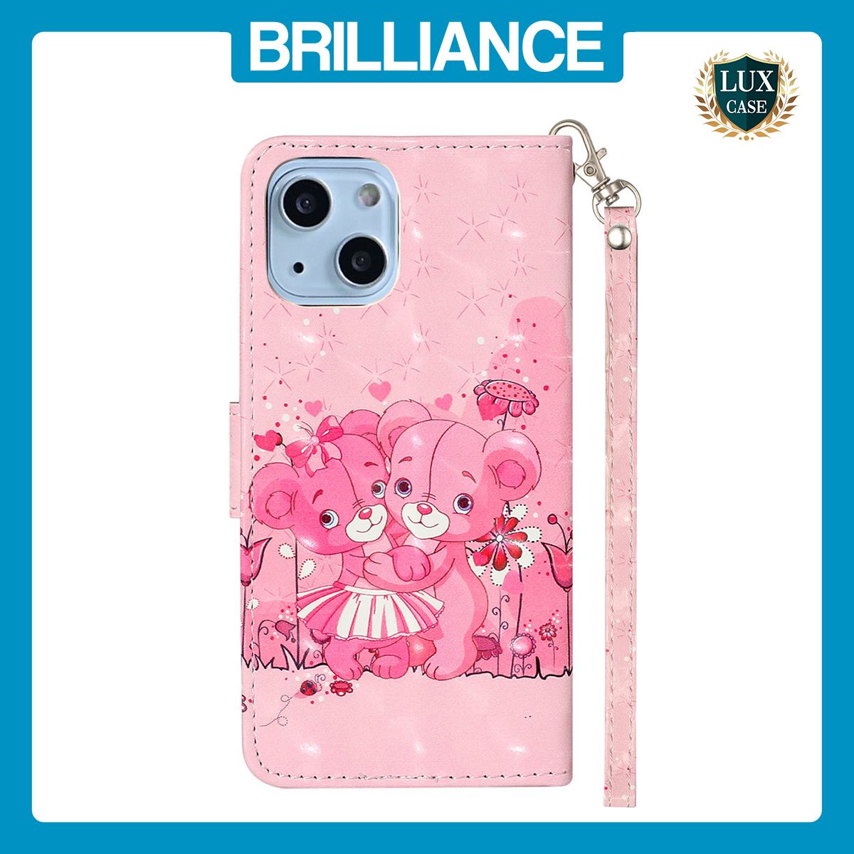 Brilliance LUX iPhone 15 Plus Flip PU Leather Wallet 3D Print Pink Bear with Wrist Strap Case