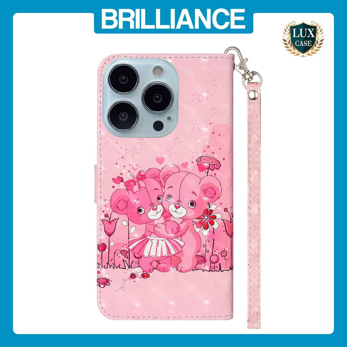 Brilliance LUX iPhone 15 Pro Flip PU Leather Wallet 3D Print Pink Bear with Wrist Strap Case