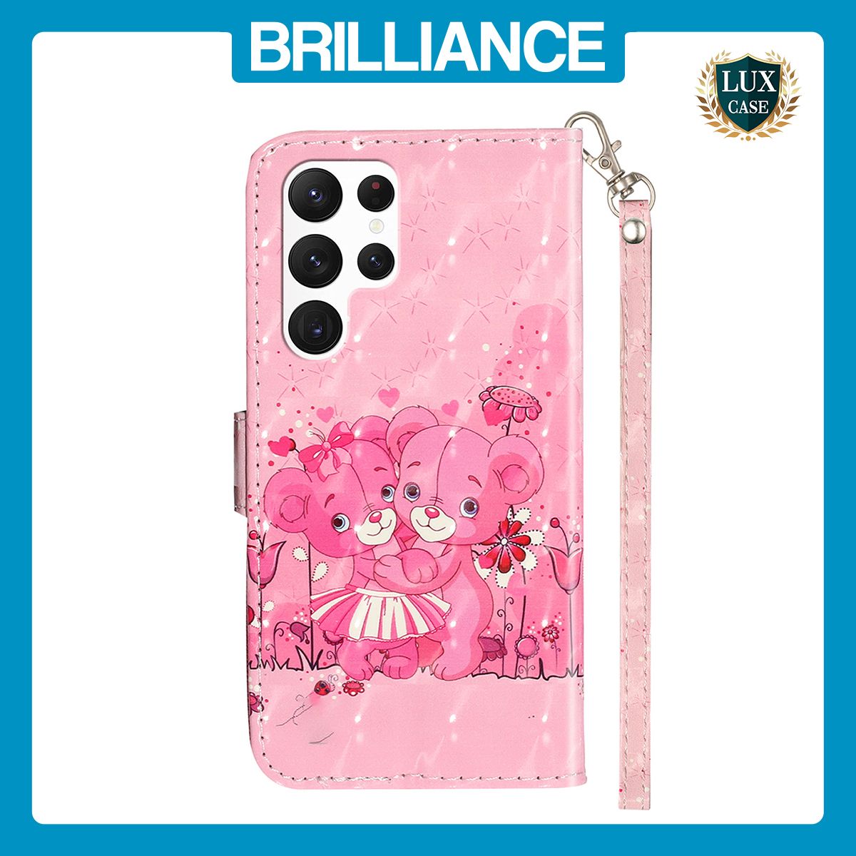Brilliance LUX Samsung S24 Ultra Flip PU Leather Wallet 3D Print Pink Bear with Wrist Strap Case