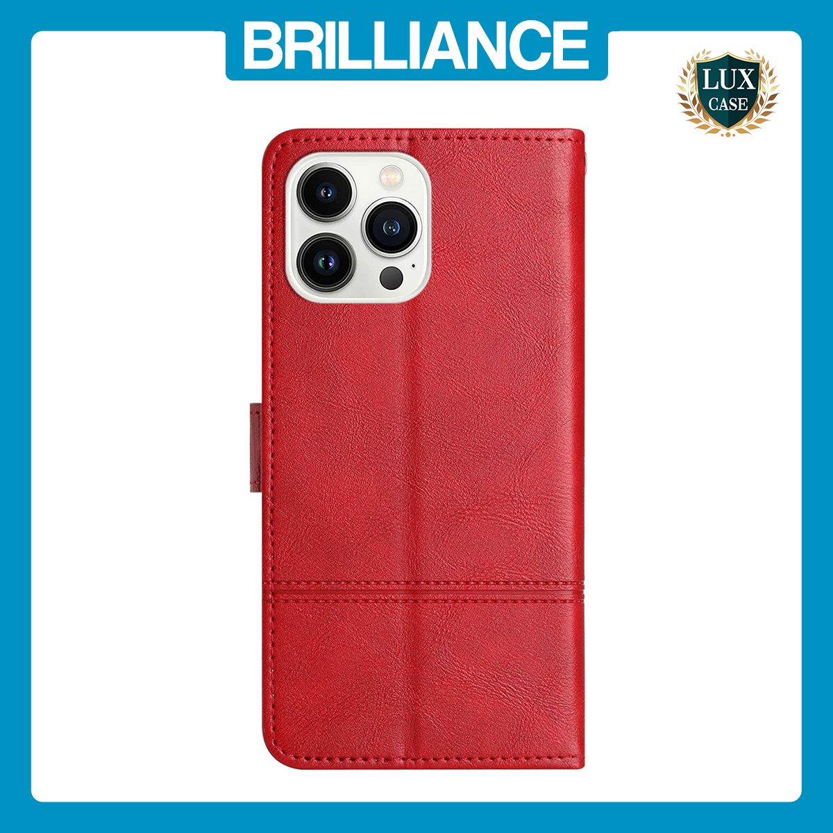 Brilliance LUX iPhone 15 Pro Max Flip Book PU Leather Wallet ShockProof Cowhide Texture with Wrist Strap Case Red