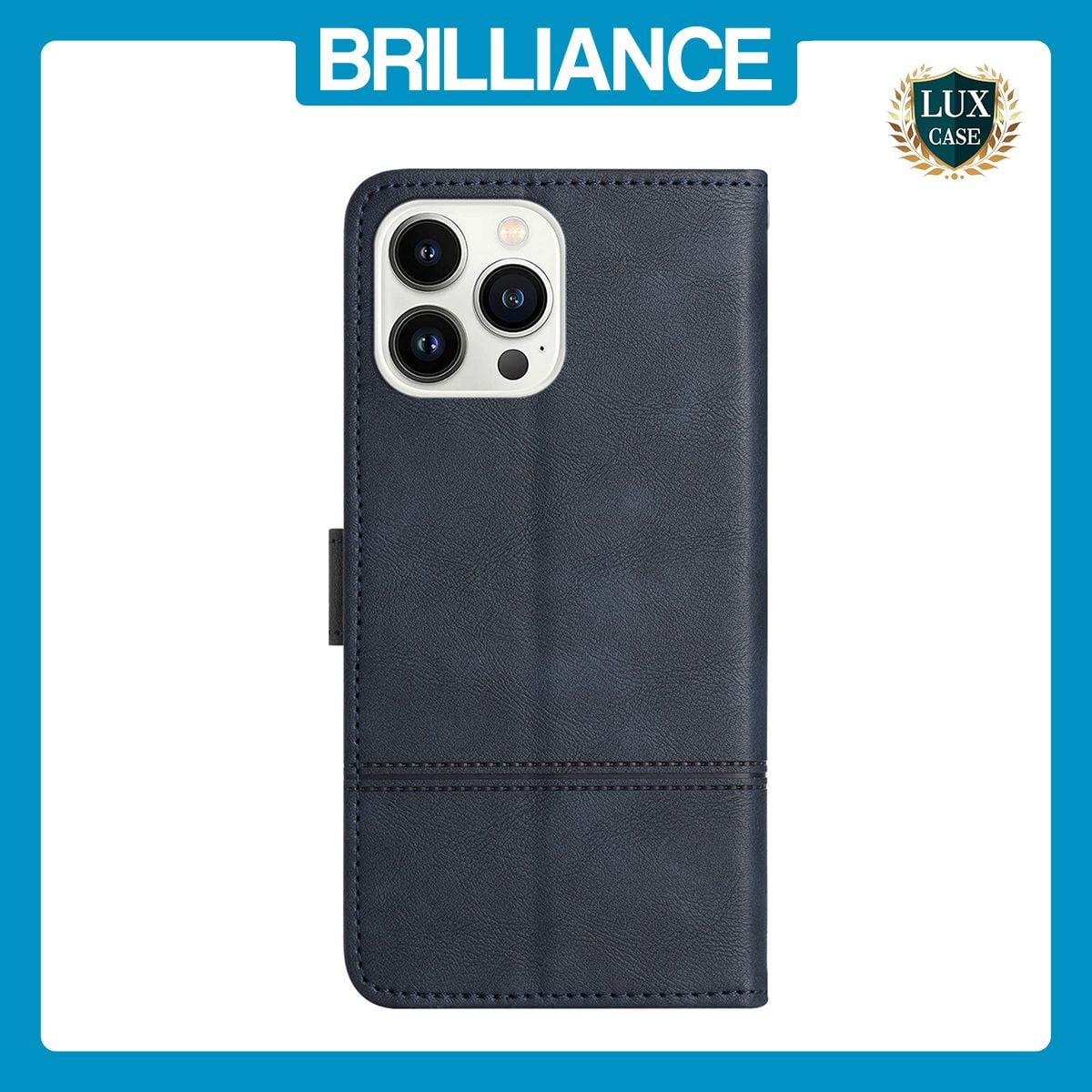 Brilliance LUX iPhone 14 Pro Max Flip Book PU Leather Wallet ShockProof Cowhide Texture with Wrist Strap Case Blue
