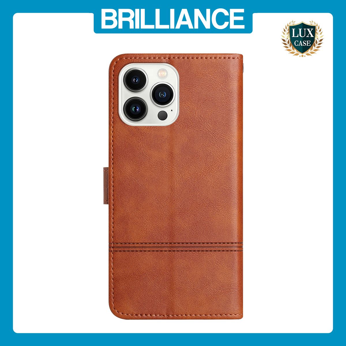Brilliance LUX iPhone 15 Pro Max Flip Book PU Leather Wallet ShockProof Cowhide Texture with Wrist Strap Case Brown