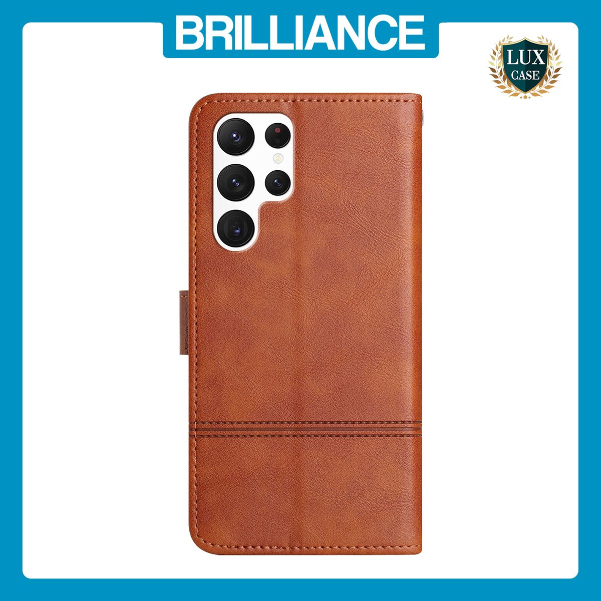 Brilliance LUX Samsung S24 Ultra Flip Book PU Leather Wallet ShockProof Cowhide Texture with Wrist Strap Case Brown