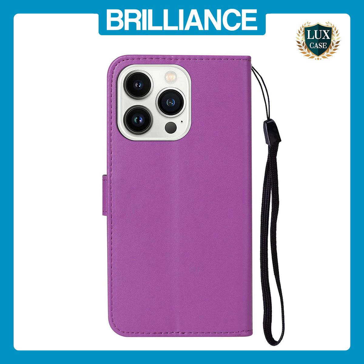 Brilliance LUX iPhone 13 Pro Max Flip PU Leather Wallet Classic Card Pockets with Wrist Strap Case Purple