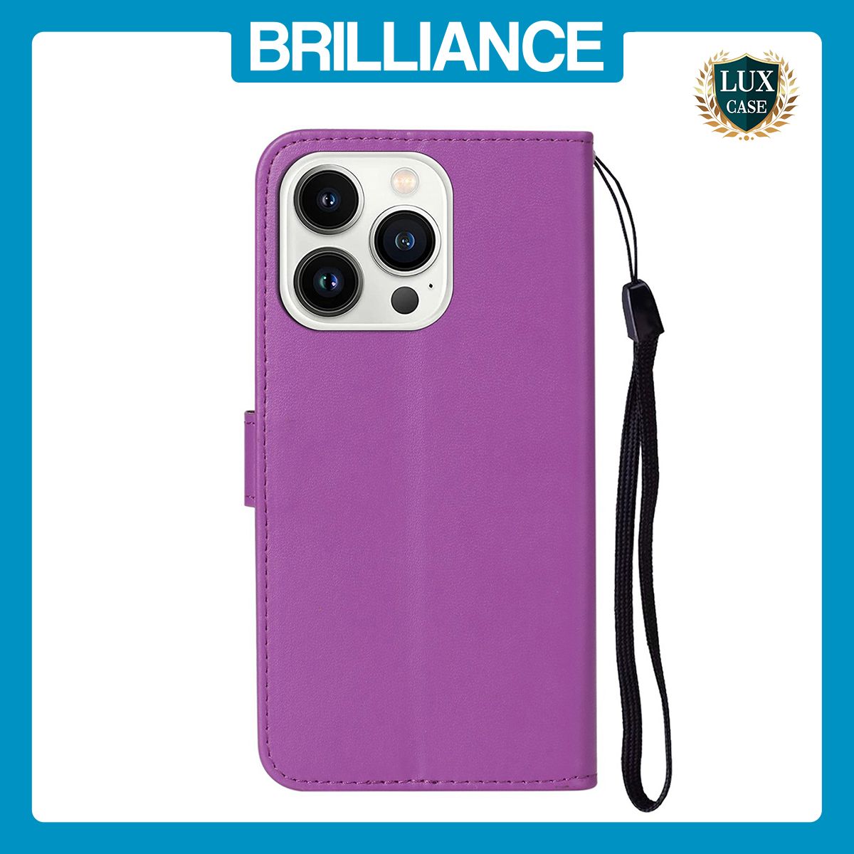 Brilliance LUX iPhone 14 Pro Max Flip PU Leather Wallet Classic Card Pockets with Wrist Strap Case Purple