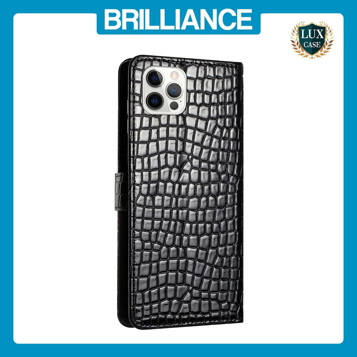 Brilliance LUX iPhone 15 Pro Max Flip PU Leather Wallet Crocodile Print Card Pockets with Wrist Strap Case Black