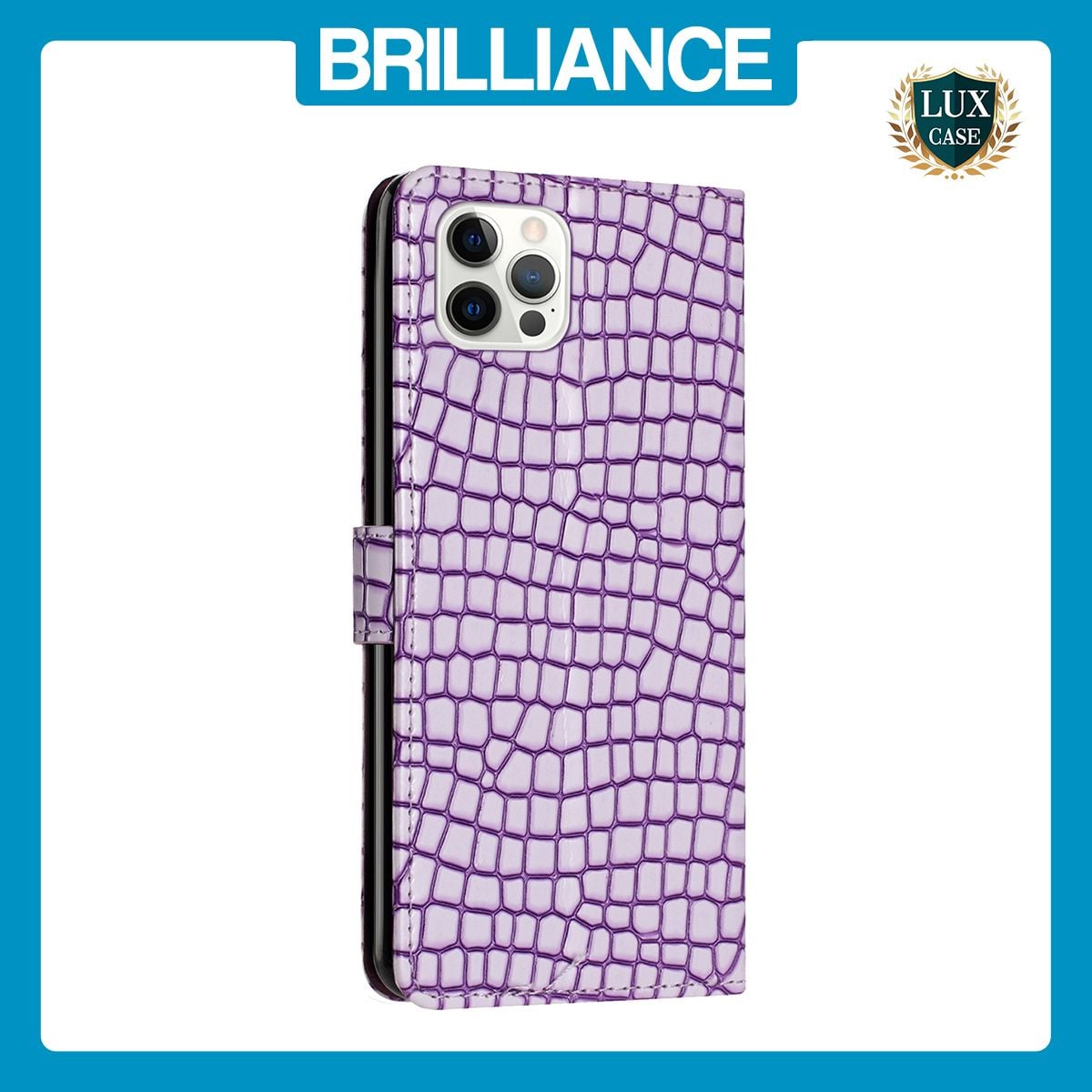 Brilliance LUX iPhone 13 Pro Max Flip PU Leather Wallet Crocodile Print Card Pockets with Wrist Strap Case Purple