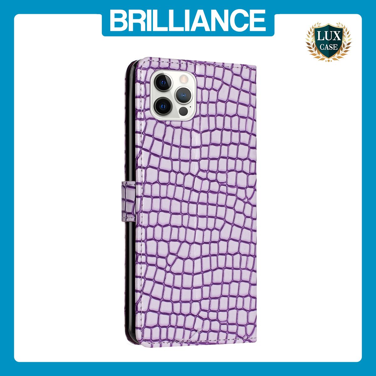 Brilliance LUX iPhone 15 Pro Max Flip PU Leather Wallet Crocodile Print Card Pockets with Wrist Strap Case Purple
