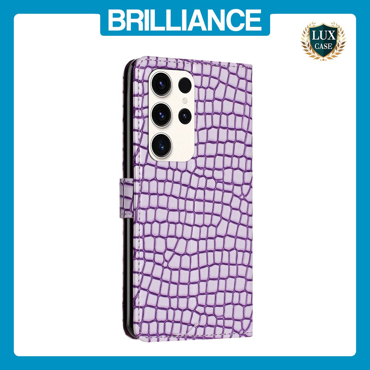 Brilliance LUX Samsung S23 Ultra Flip PU Leather Wallet Crocodile Print Card Pockets with Wrist Strap Case Purple