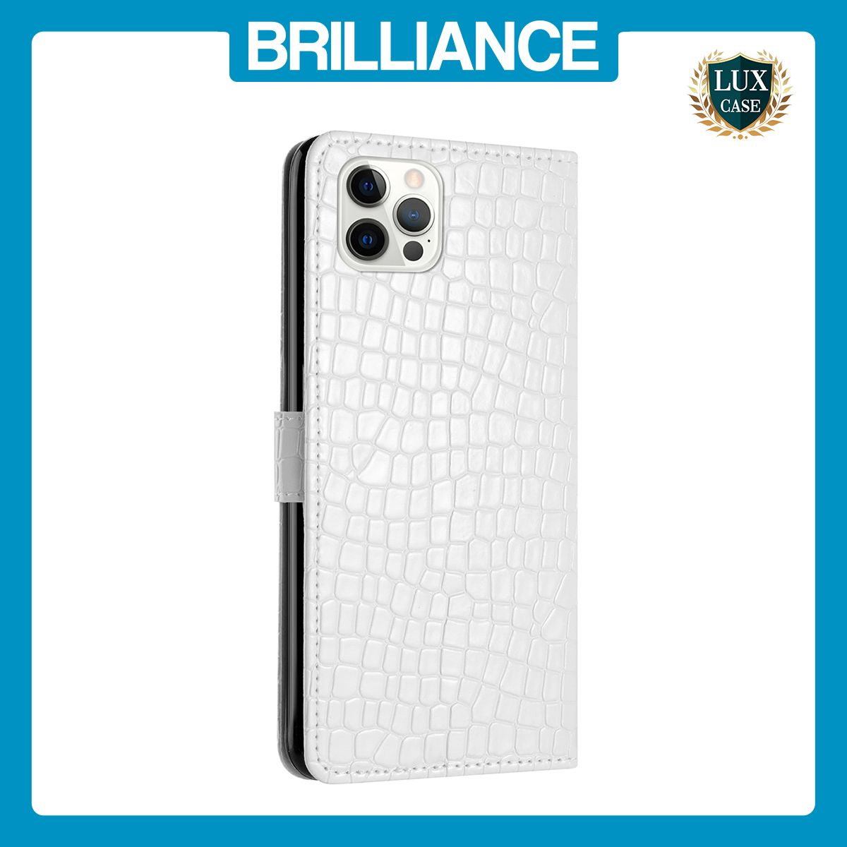 Brilliance LUX iPhone 14 Pro Max Flip PU Leather Wallet Crocodile Print Card Pockets with Wrist Strap Case White