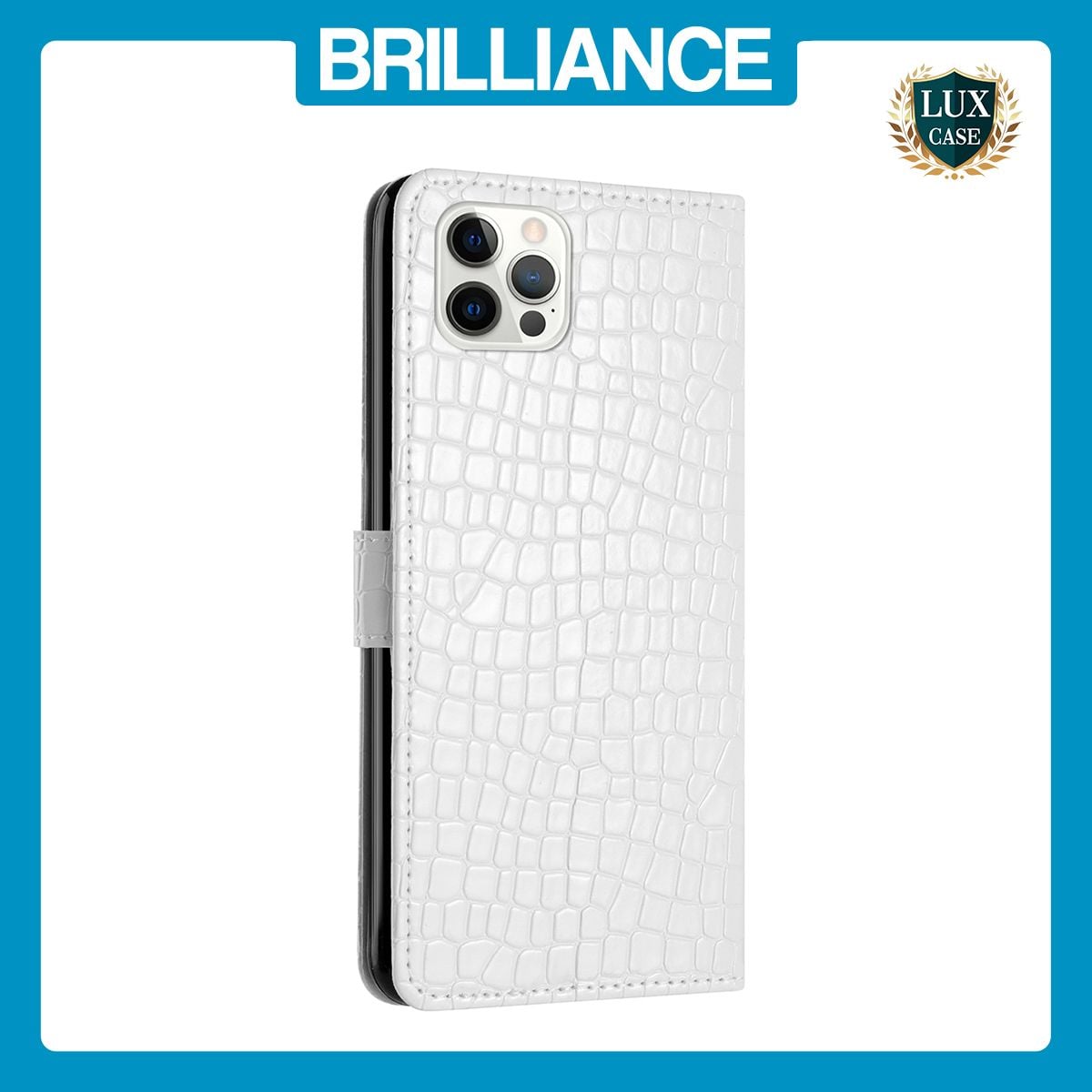 Brilliance LUX iPhone 15 Pro Max Flip PU Leather Wallet Crocodile Print Card Pockets with Wrist Strap Case White