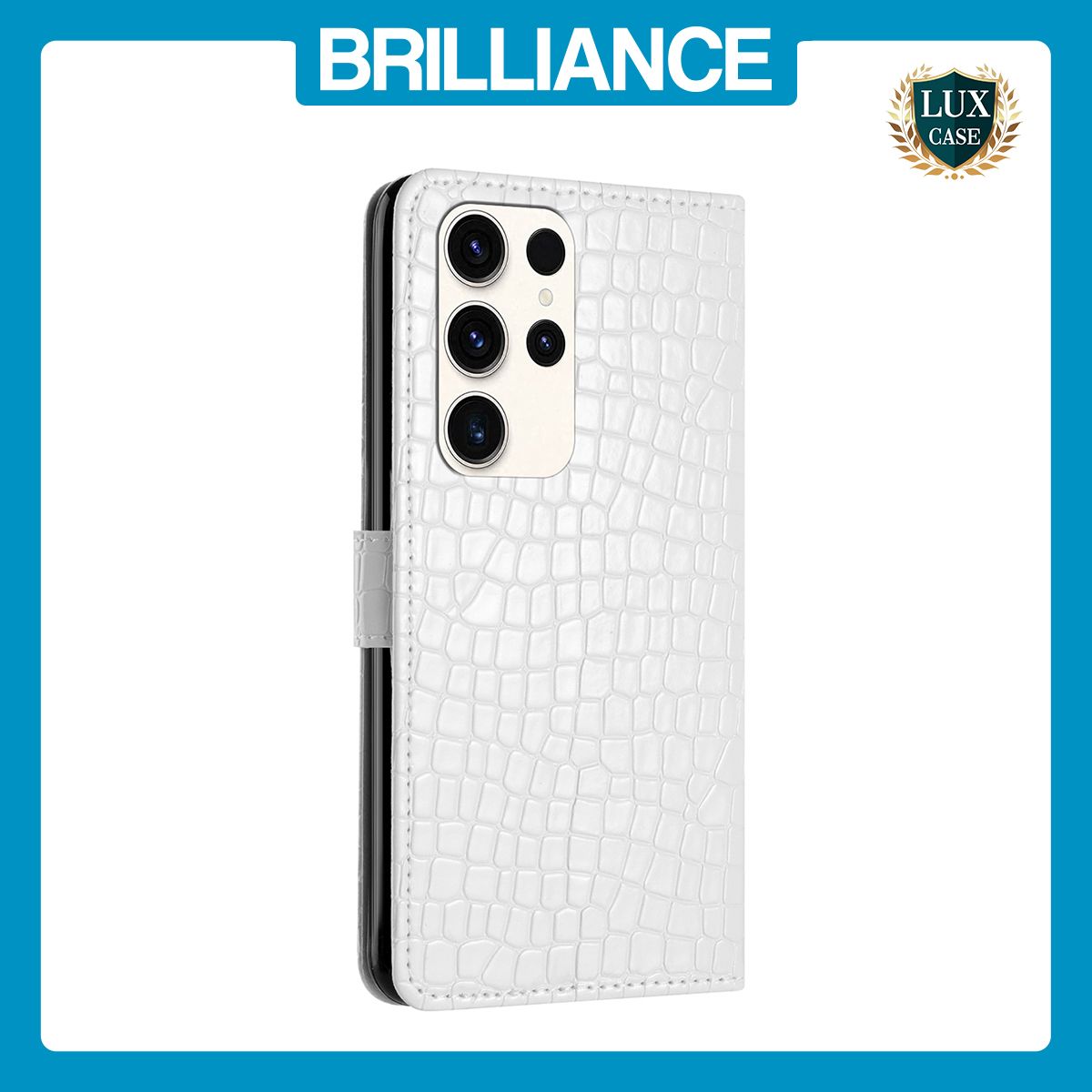 Brilliance LUX Samsung S24 Ultra Flip PU Leather Wallet Crocodile Print Card Pockets with Wrist Strap Case White